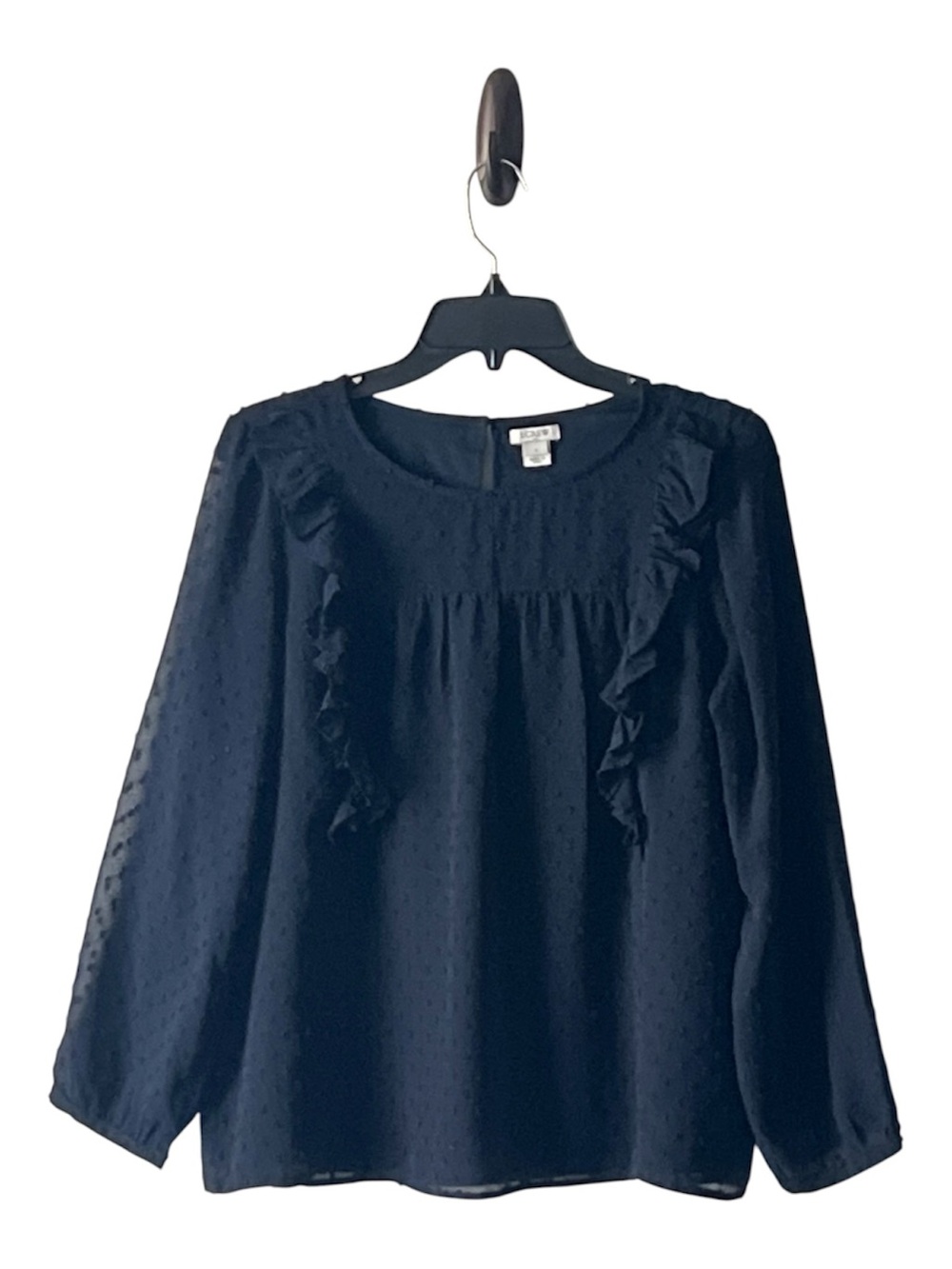 J. Crew Navy Swiss Dot Ruffle Long-Sleeve Blouse, Size 8